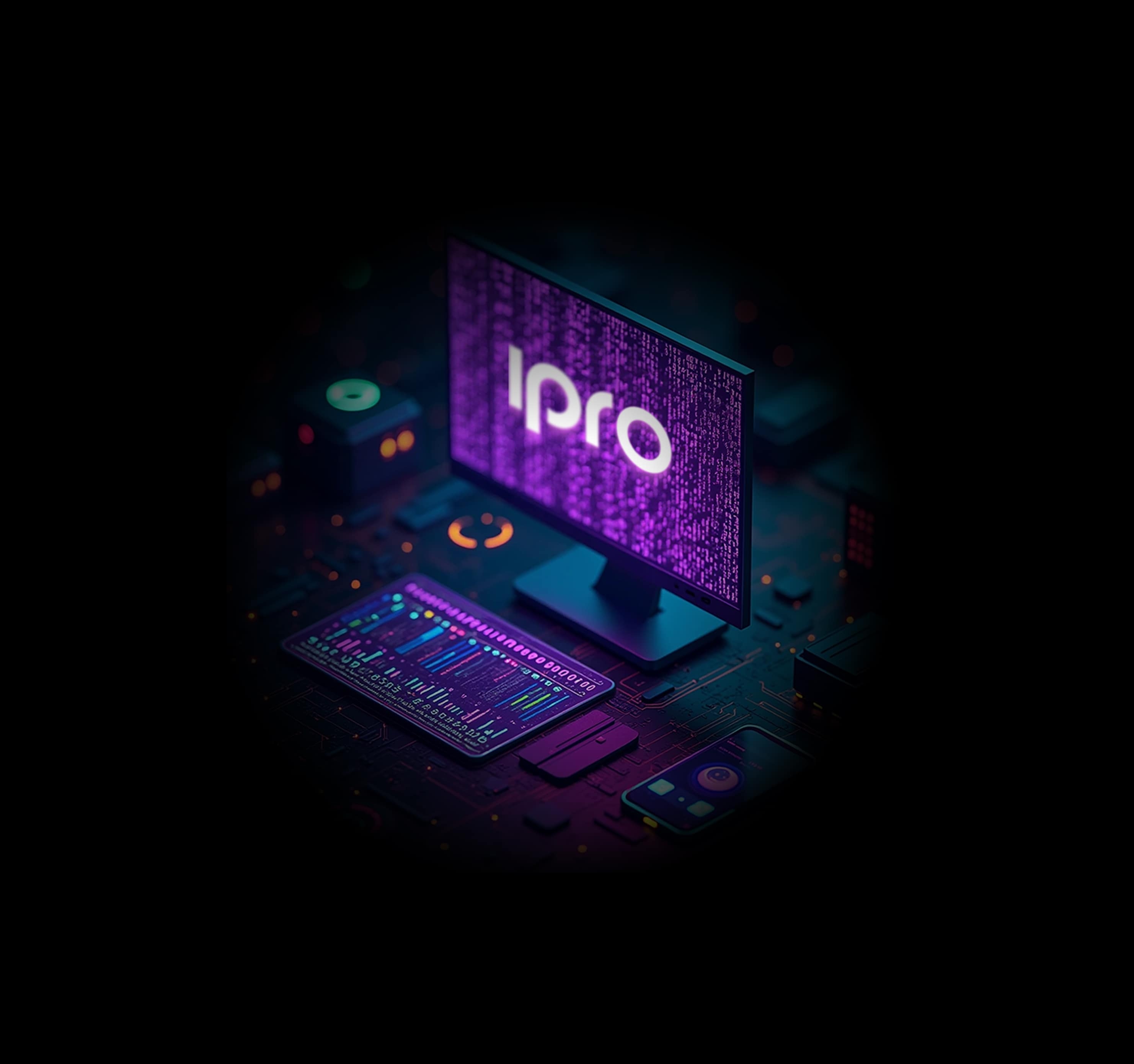 A digital representation of the IPRO Group logo on a screen surrounded by circuit board elements, with the text 'All About Us' and a description about IPRO Group's mission and values.