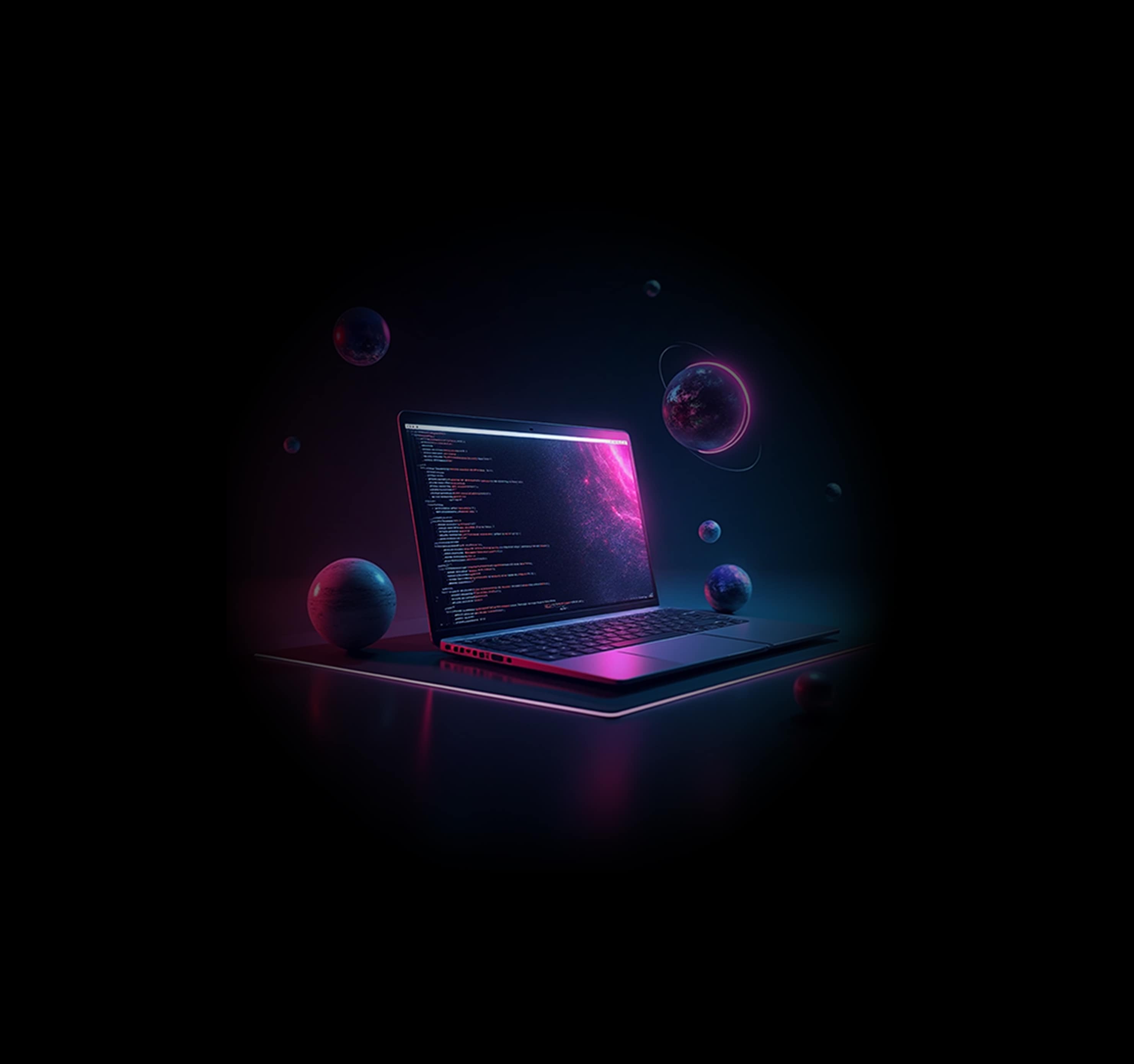 A laptop displaying lines of code with a cosmic, glowing background and floating spheres, representing innovation and collaboration. The text next to it says 'Collaborate' with a call to action to send a resume for product-related work.